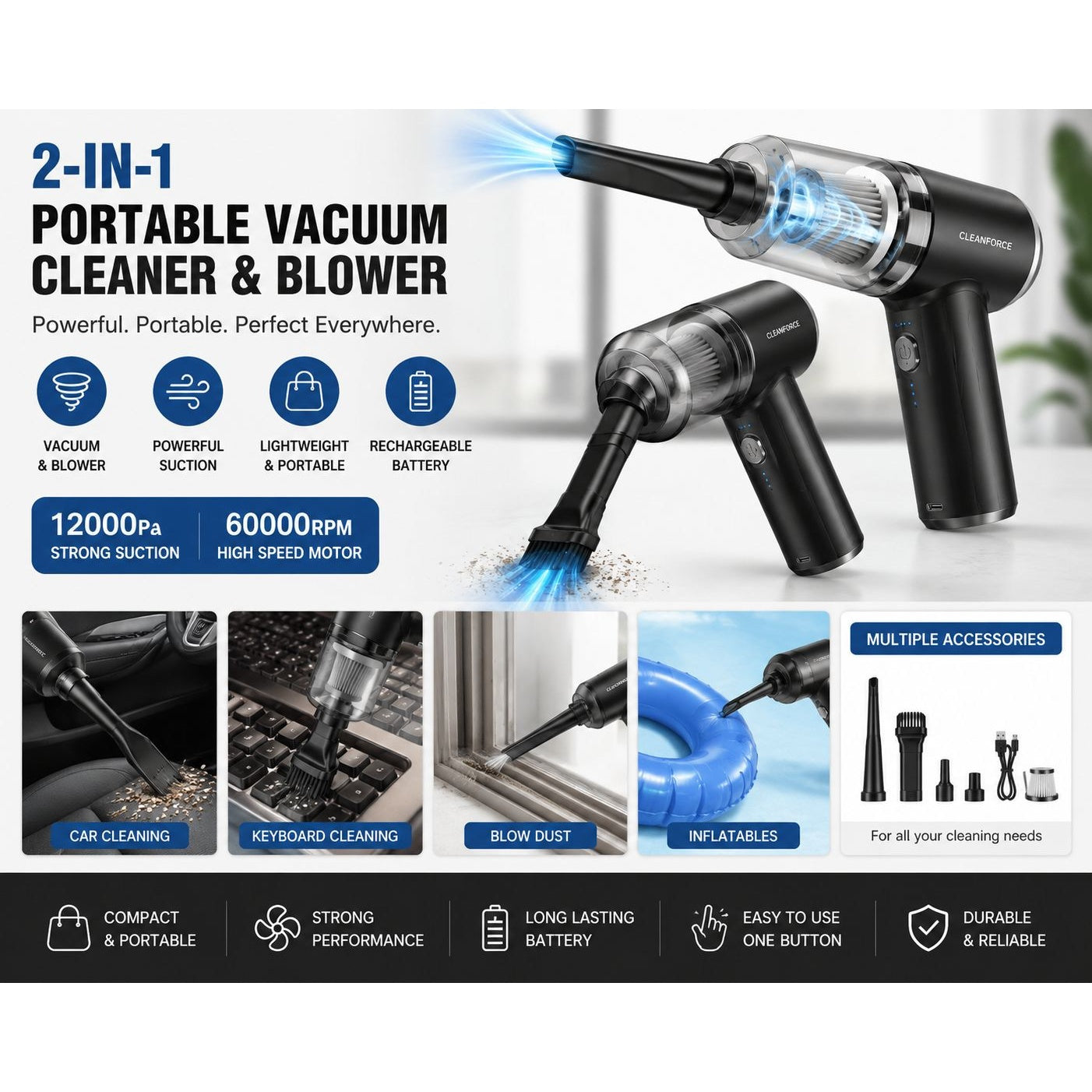Portable Vacuum Cleaner & Air Blower – Rechargeable Handheld Cleaner for Home, Car & Office